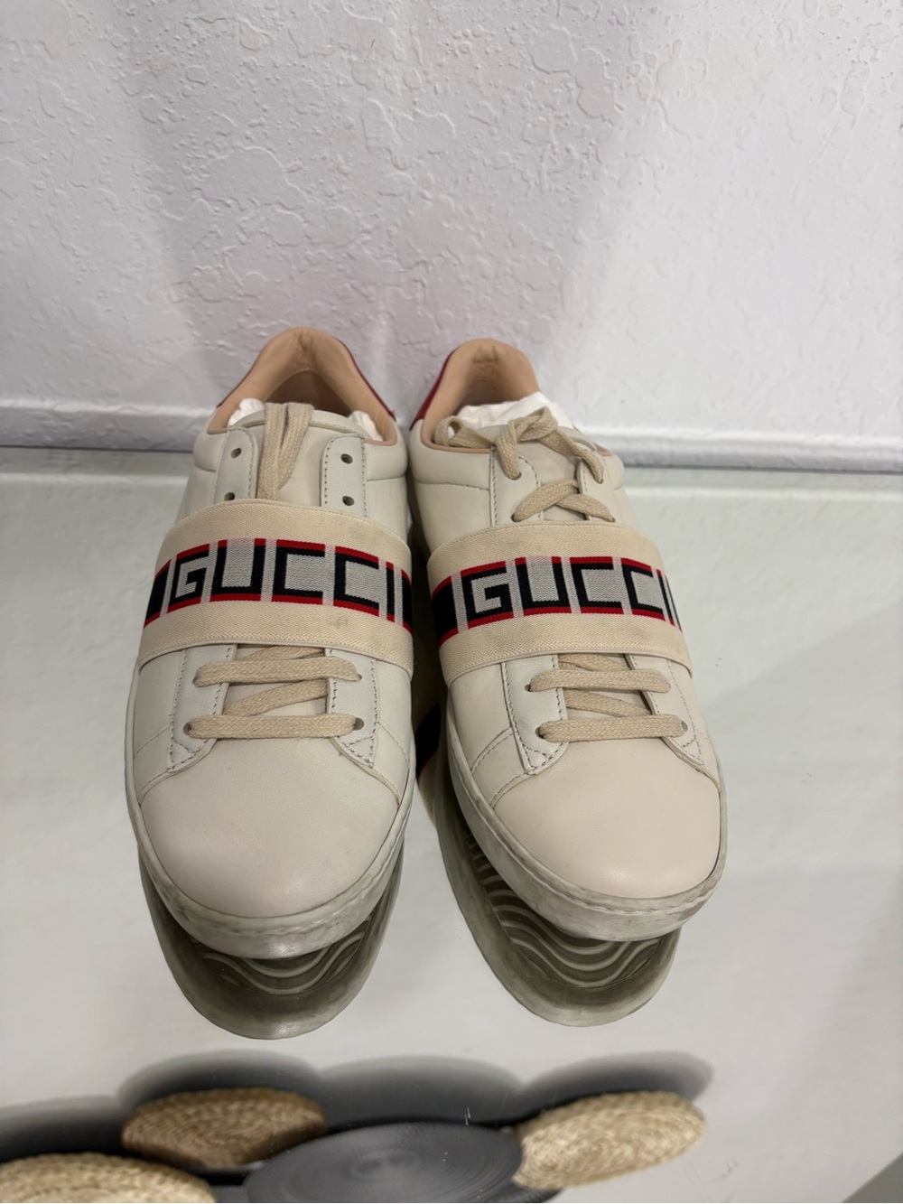 Gucci Cream Leather Sneakers with Black and Red Logo Strap